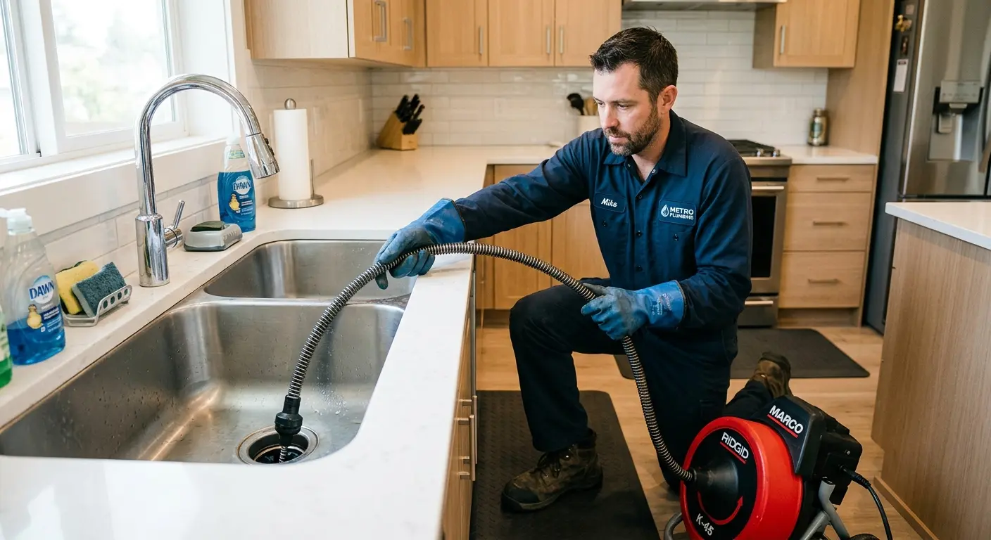 Drain cleaning technician using a motorized snake on a kitchen sink in Covedale