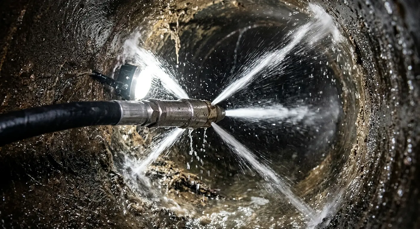 High-pressure hydro jetting nozzle cleaning sewer pipe for Trenchless Sewer Repair in Covedale
