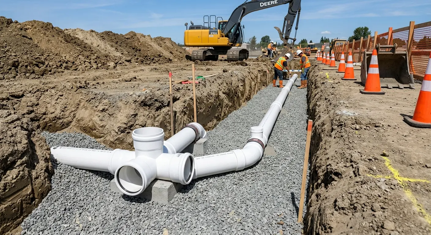 New PVC sewer pipe installation in open trench for Commercial Drain Cleaning in Covedale