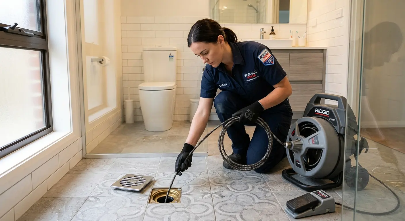 Technician clearing a bathroom floor drain for Hydro Jetting in Covedale